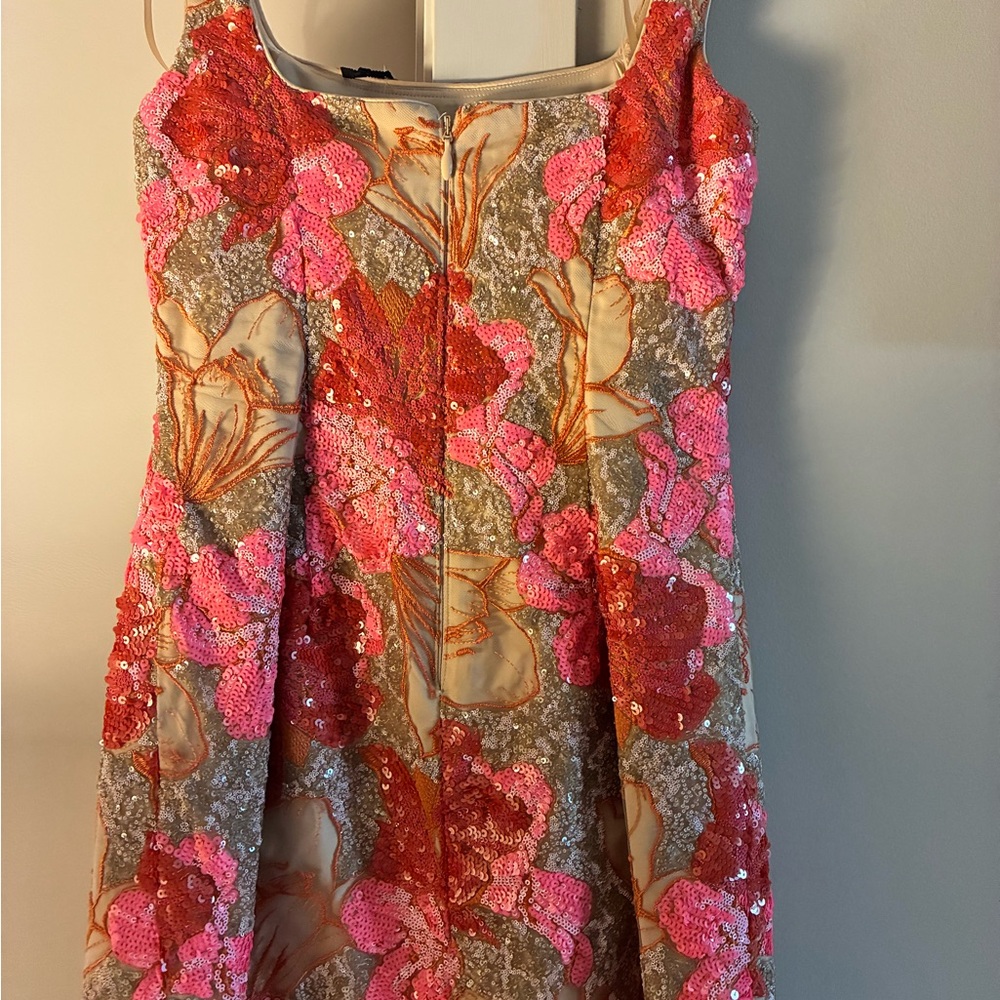 Marchesa Pink & Gold Sequin Floral Mini Dress - Picture 3 of 4